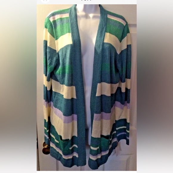 NWT ECI New York Striped Cardigan Sweater Turquoise Green Purple Long Metallic - Picture 7 of 7